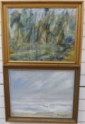 Forssander oil on canvas two abstract scenes, one seascape with boat, 39 x 49cm,
