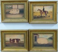 Four naive equestrian / farming prints,