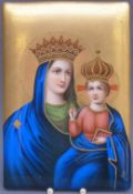 A 19thC/20thC icon of the Madonna and child painted on a porcelain plaque,