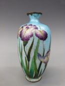 Japanese Ginbari enamel vase decorated with purple Iris on a graduated blue ground,