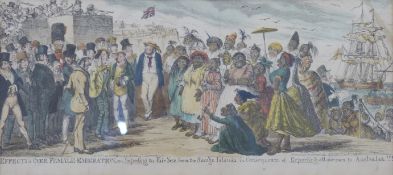 George Cruikshank 19thC politically incorrect colour print 'Effects of Over Female Emigration or