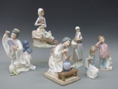 A collection six of Lladro figures to include two geisha, two country girls,