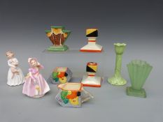 A collection of ceramics including Art Deco Bursley Ware candlesticks, Myott stepped vase,