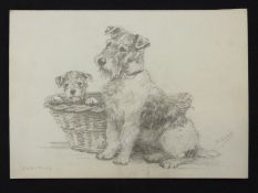 Mabel Gear (1900-1997) pencil drawing of terrier dogs signed M Gear, titled 'Bed Time',