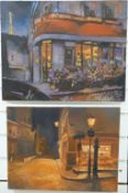 Andrew Quelch oil on canvas Parisian Cafe with Eiffel Tower beyond 40cm x 50cm and a similar street