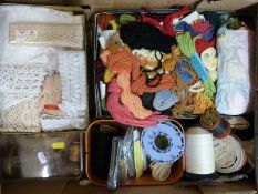 A large quantity of lace, various thread, tapestry wool,