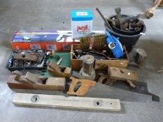 Boxed workbench and an assortment of hand tools
