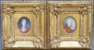 A pair of 19thC portrait miniatures on ivory, one titled verso Lord Wodehouse the other Lord Cawdor,