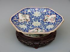 A 19thC Chinese hexagonal pedestal dish on 19thC hardwood stand, diameter 17.