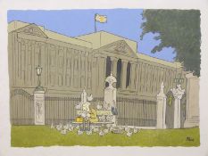 G Small cartoon of a man eating outside Buckingham Palace being hassled by birds,