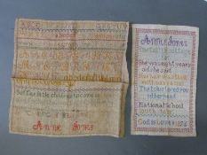 Two unframed Victorian alphabet samplers by Anne Jones, National School South Stoke, one dated 1876,