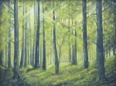 T Ireland oil on board wooded landscape with rabbits, signed and dated 1974 lower left,