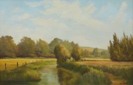 E J Wilson modern oil on board, likely local Cotswold river scene, signed lower right,