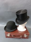 Two hats to include a black silk top hat by Garlick & Sons Bristol, internal size approx. 20cm x15.