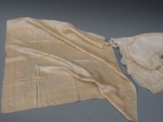 A 19thC gentleman's silk cravat of gold & cream brocade woven with roses and two lace hankerchiefs,