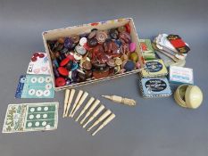A quantity of sewing ephemera to include 19thC ivory lace bobbins, buttons, mending kits,