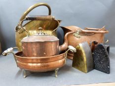 Two copper coal scuttles, a copper pan,