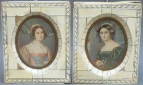 A pair of 19thC portrait miniatures on ivory of girls in period dress one signed Bompard,