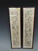 A pair of 19thC framed embroidered Chinese cuffs in lacquer frames (56cm long).