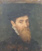 An 18thC or earlier oil on canvas portrait of a gentleman in Renaissance/Tudor costume,