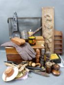 A parcel lot of treen to include boxes, carved panel of Sancho Panza, pipe, African figures,