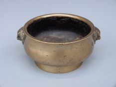 Chinese bronze censer with lion mask handles and six character Xuande mark to base, 13.