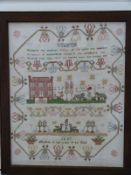A framed sampler with a cottage scene to centre and verse above, possibly restored,