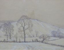Pen, wash and gouache on paper winter scene with snow on a hilly landscape,