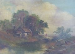 A 19thC oil on canvas of a figure on a bridge, with river and cottage beyond,