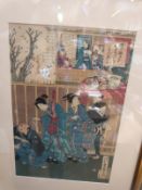 Chinese woodblock print of figures in a court setting,