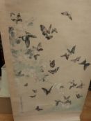 A large Japanese scroll painting decorated with butterflies,