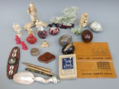 A collection of 19thC ivory figures including Japanese, Indian puzzleball chess pieces,