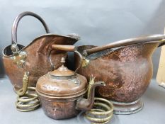 Two copper coal scuttles, copper kettle and two snake candlesticks.