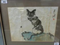 A framed Chinese watercolour of a cat in the manner of Lin Fengmian, monogrammed to side with seal,