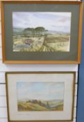 Two framed watercolours, one by Sylvia Lapidge, verso 'View Across Cleeve Hill' (Cotswolds),