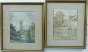 A pair of framed Victorian watercolours, one of a mill scene with figures,