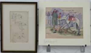 Victorian pen and ink sketch of young boys at play and a bird (29.5 x 11.