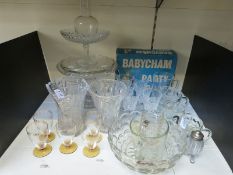 A large collection of glass to include Babycham Party Pack, vases, comports etc.