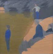 Bryan Senior (1935 -) framed modernist oil on canvas of figures fishing entitled 'Anglers' signed