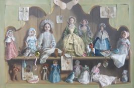 Deborah Jones (1921 -2012) oil on canvas 'Dolls Cupboard', signed and dated 1971 to centre,