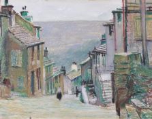 A pastel of figures and horses either side of a steep hill, script lower right 'Pighill',