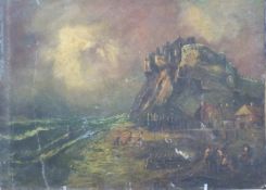 A 19thC oil on board of a coastal scene with fisherman to the foreground and castle above,