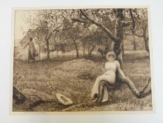 T Dalgleish etching of a lady rowing, Macbeth etching of a lady relaxing in an orchard,