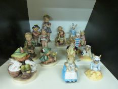 Two Beswick Beatrix Potter figures, five various Bunnykins figures and Goebel Hummel figures.