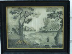 A framed Georgian silkwork picture featuring a hamlet with figures, in ebonised wood frame,