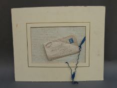 A display comprising a letter in French circa 1880 stamped as being for use by baliffs mounted with