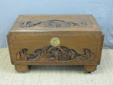 A Chinese carved camphorwood lined chest with figural and landscape decoration (H55 x L97 x D46)