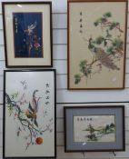 Four framed Chinese silk pictures featuring birds in prunus blossom etc