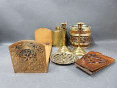 A selection of treen and brass to include two book slides, oak tobacco jar, J & S tea caddy,
