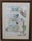 Mark Huskinson pen and wash cartoon of people playing in a dilapidated home,